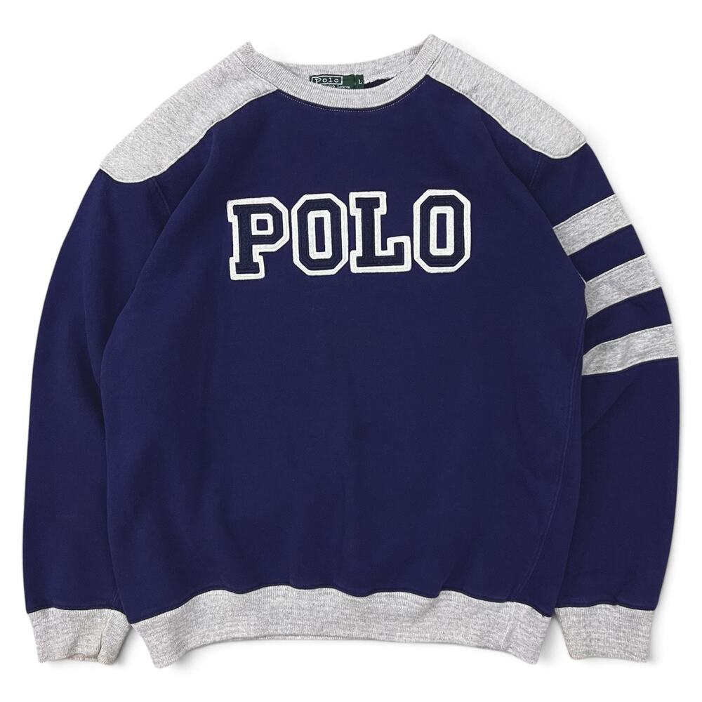 Vintage Polo Ralph Lauren Felt Spell Out Sweatshirt Navy Blue Large Grail Jersey